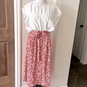 Blu Pepper Womens Midi Skirt Flowy Festival Floral Tie Small Faux Button Orange